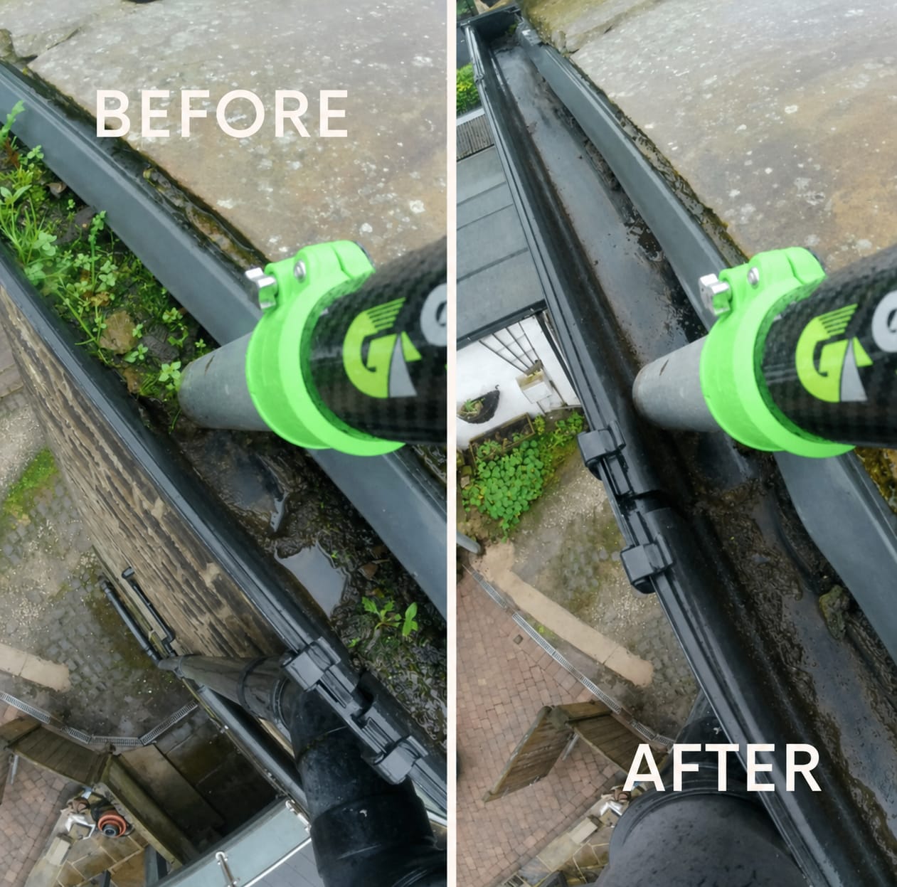 Before and after of a Sheffield gutter with weeds growing, cleared to bare metal