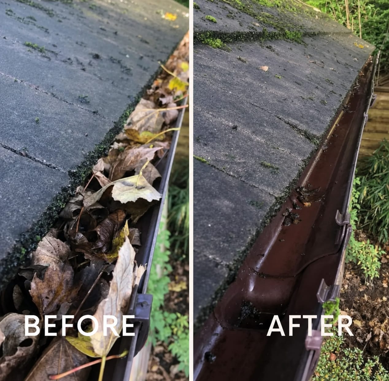 Before and after of a Sheffield gutter jammed with autumn leaves, vacuumed clean