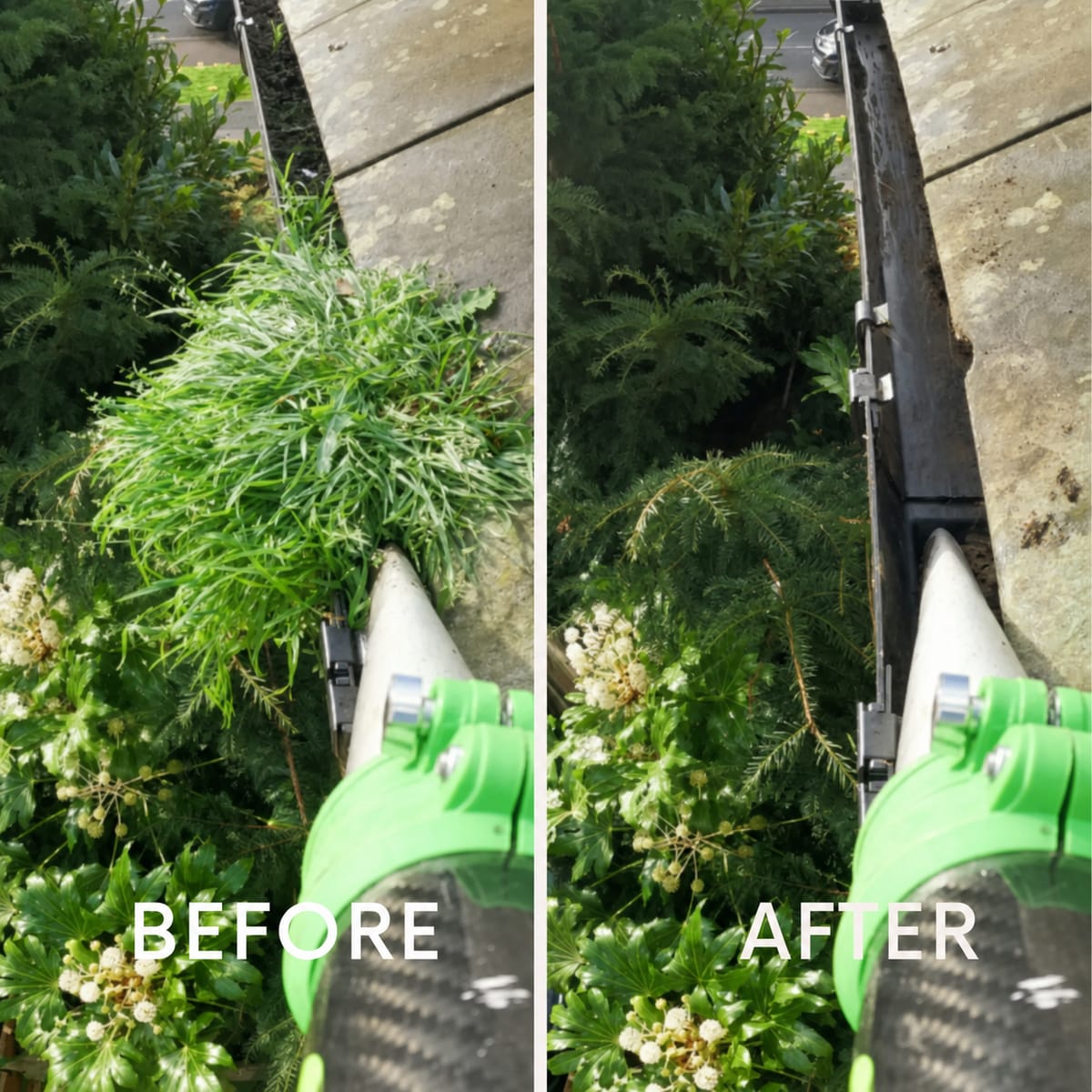 Before and after of a Sheffield gutter cleaned by KL, weeds and plant growth cleared with a gutter vacuum