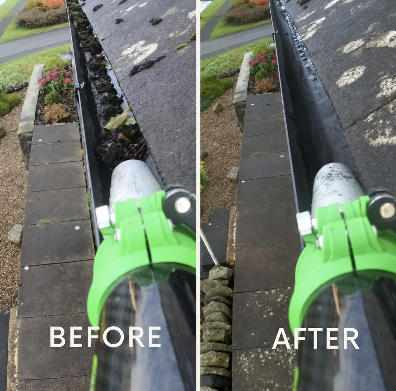 Before and after of a Sheffield gutter full of black sludge, cleaned out